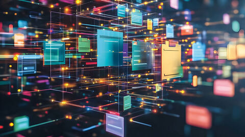 KI-generierte Bildkomposition aus stilisierten Hängeregister-Ordnern in unterschiedlichen Farben, die in einem dunklen Raum zu hängen scheinen