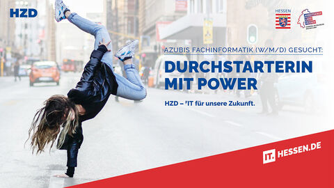 Titelmotiv einer Stellenanzeige der HZD mit Mädchen, das einen Handstand macht, und dem Text „Gesucht: Durchstarterin mit Power“