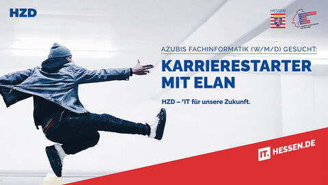 Titelmotiv einer Stellenanzeige der HZD mit einem Jungen, der mit ausgestrecktem Arm und Bein einen Sprung macht, und dem Text „Gesucht: Karrierestarter mit Elan“