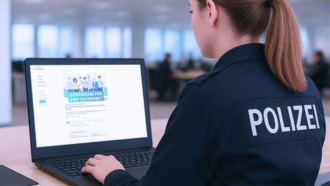 Eine Polizeibeamtin vor einem aufgeklappten Notebook, dessen Bildschirm die Website der Polizei Hessen zeigt.